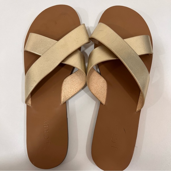 J. Crew Shoes - J. Crew Malta Mirror Criss Cross Strap Sandals Flat Slip-on Gold Metallic, 9